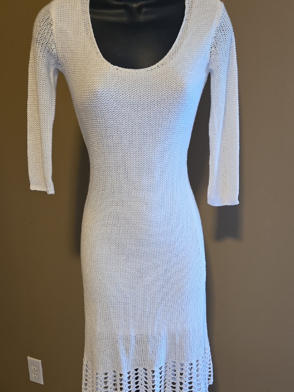 Moda International Cream Open-Knit Scoop Neck Long Sleeve Dress